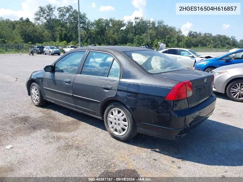 2004 Honda Civic Lx VIN: 2HGES16504H616857 Lot: 40387767