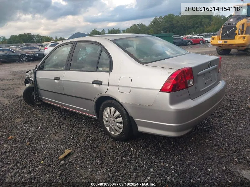 2004 Honda Civic Vp VIN: 2HGES16314H541181 Lot: 40389584