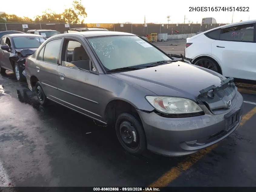 2004 Honda Civic Lx VIN: 2HGES16574H514522 Lot: 40402486