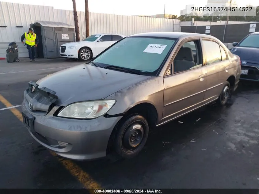 2004 Honda Civic Lx VIN: 2HGES16574H514522 Lot: 40402486