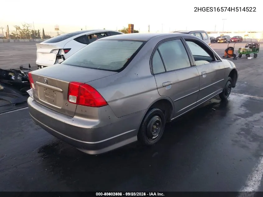 2004 Honda Civic Lx VIN: 2HGES16574H514522 Lot: 40402486