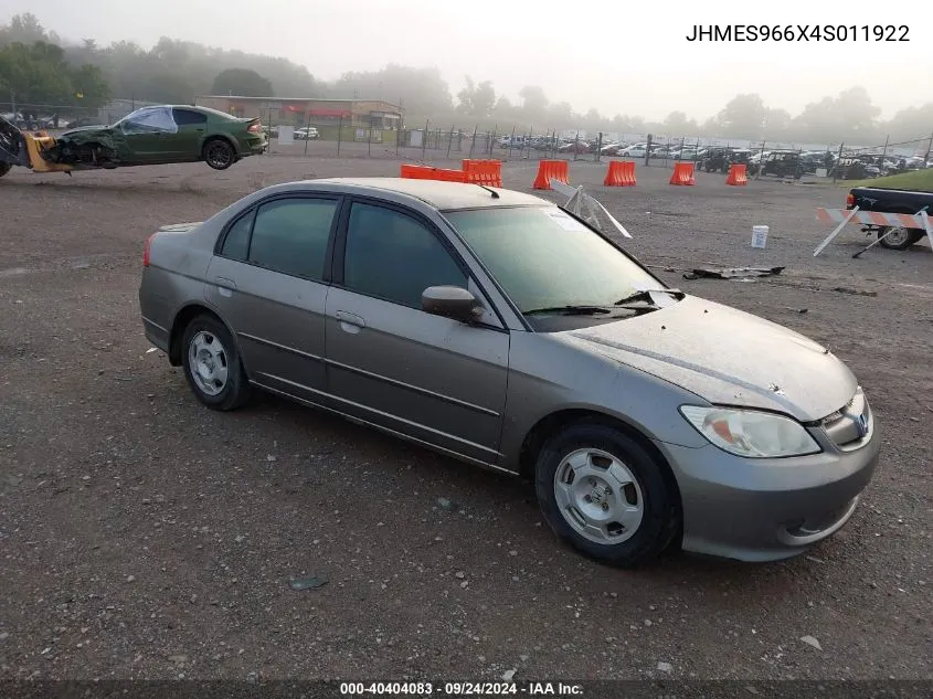 2004 Honda Civic Hybrid VIN: JHMES966X4S011922 Lot: 40404083