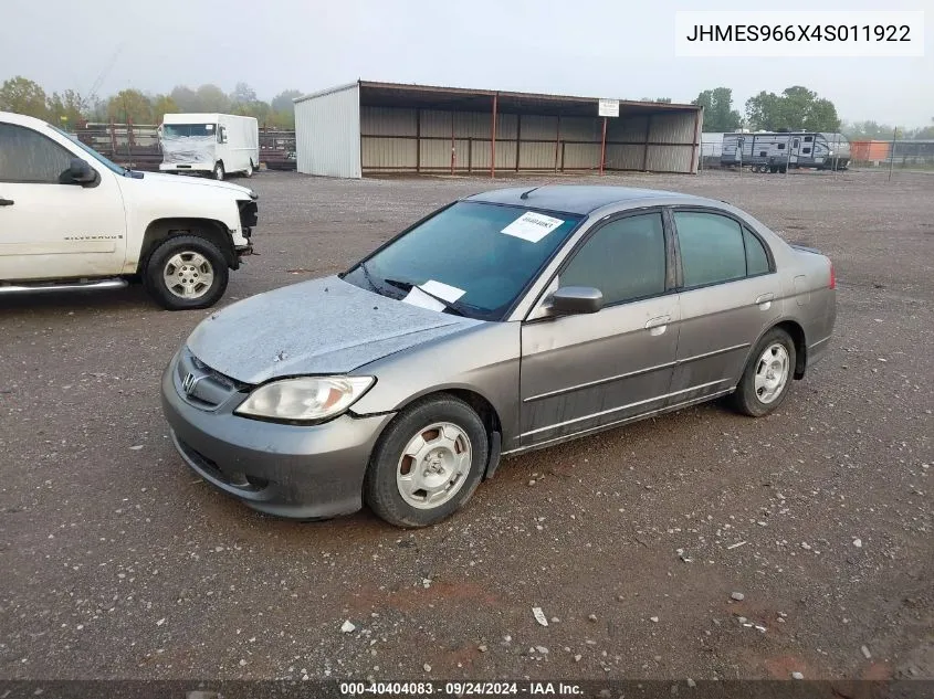 2004 Honda Civic Hybrid VIN: JHMES966X4S011922 Lot: 40404083