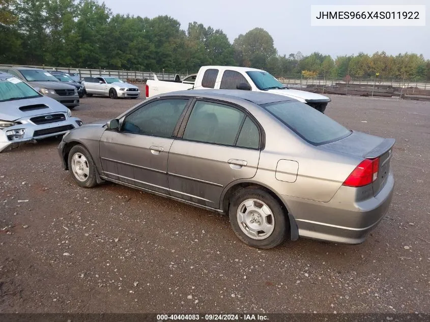 2004 Honda Civic Hybrid VIN: JHMES966X4S011922 Lot: 40404083