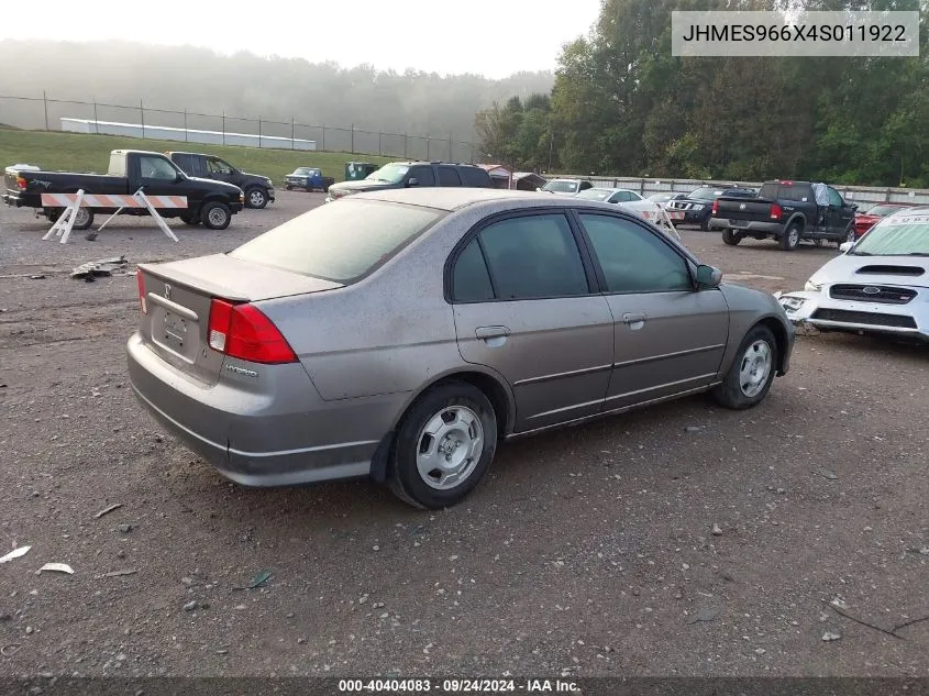 2004 Honda Civic Hybrid VIN: JHMES966X4S011922 Lot: 40404083