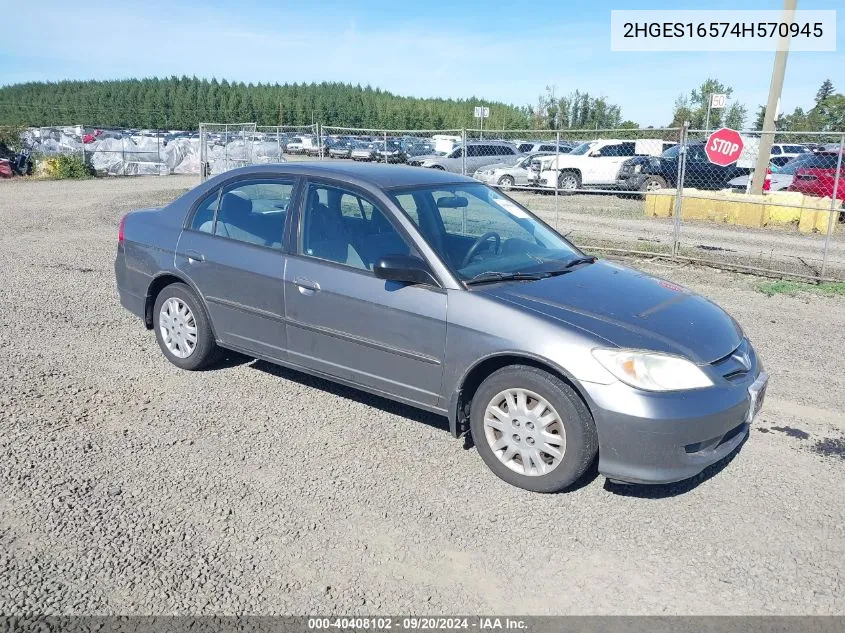 2004 Honda Civic Lx VIN: 2HGES16574H570945 Lot: 40408102