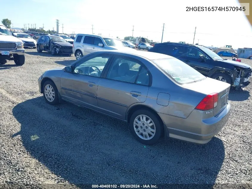 2004 Honda Civic Lx VIN: 2HGES16574H570945 Lot: 40408102