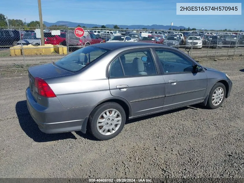 2004 Honda Civic Lx VIN: 2HGES16574H570945 Lot: 40408102