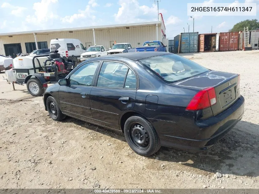 2004 Honda Civic Lx VIN: 2HGES16574H611347 Lot: 40420588