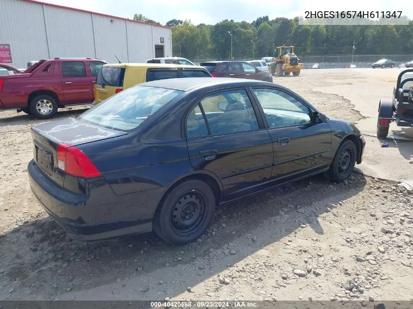 2004 Honda Civic Lx VIN: 2HGES16574H611347 Lot: 40420588