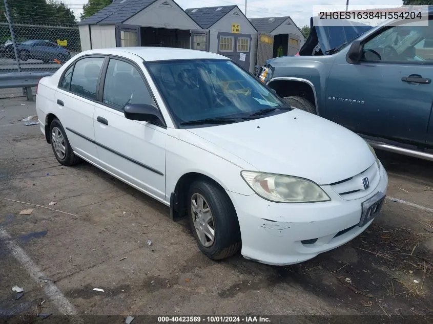 2004 Honda Civic Vp VIN: 2HGES16384H554204 Lot: 40423569