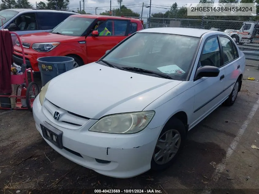 2004 Honda Civic Vp VIN: 2HGES16384H554204 Lot: 40423569