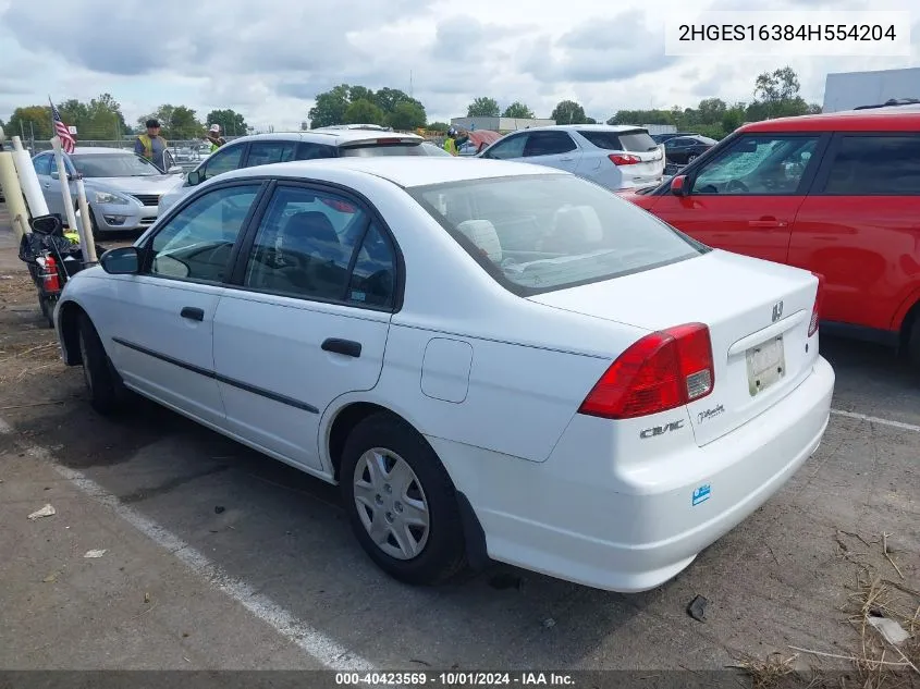 2004 Honda Civic Vp VIN: 2HGES16384H554204 Lot: 40423569