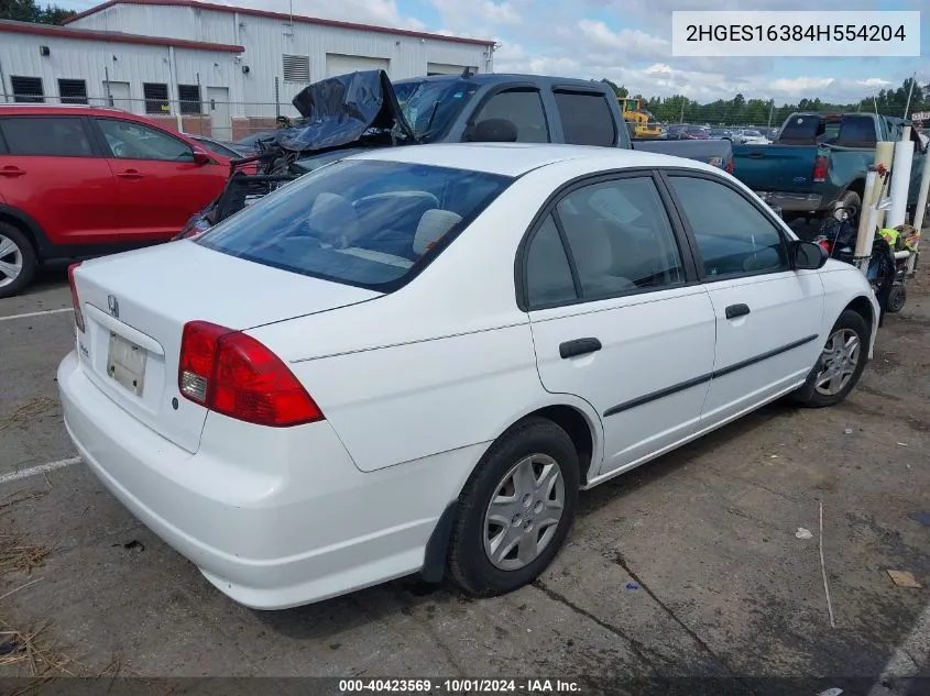 2004 Honda Civic Vp VIN: 2HGES16384H554204 Lot: 40423569