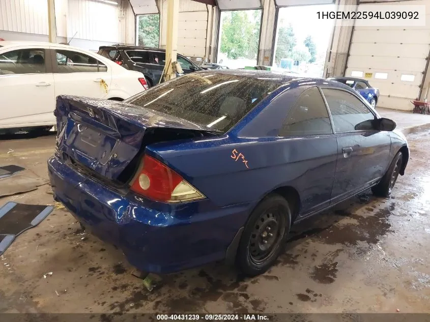 2004 Honda Civic Lx VIN: 1HGEM22594L039092 Lot: 40431239