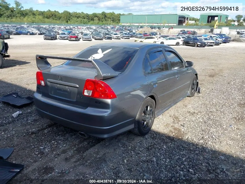 2004 Honda Civic Ex VIN: 2HGES26794H599418 Lot: 40438761