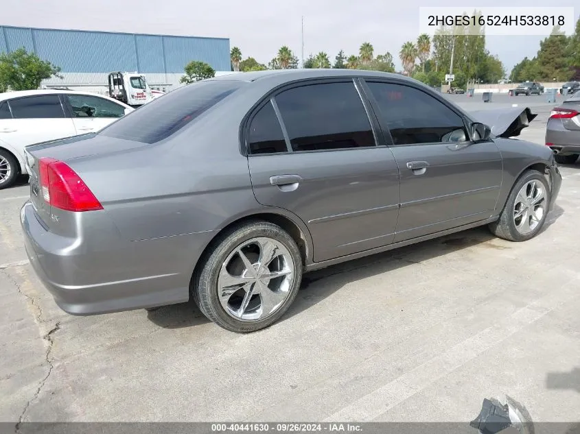 2004 Honda Civic Lx VIN: 2HGES16524H533818 Lot: 40441630