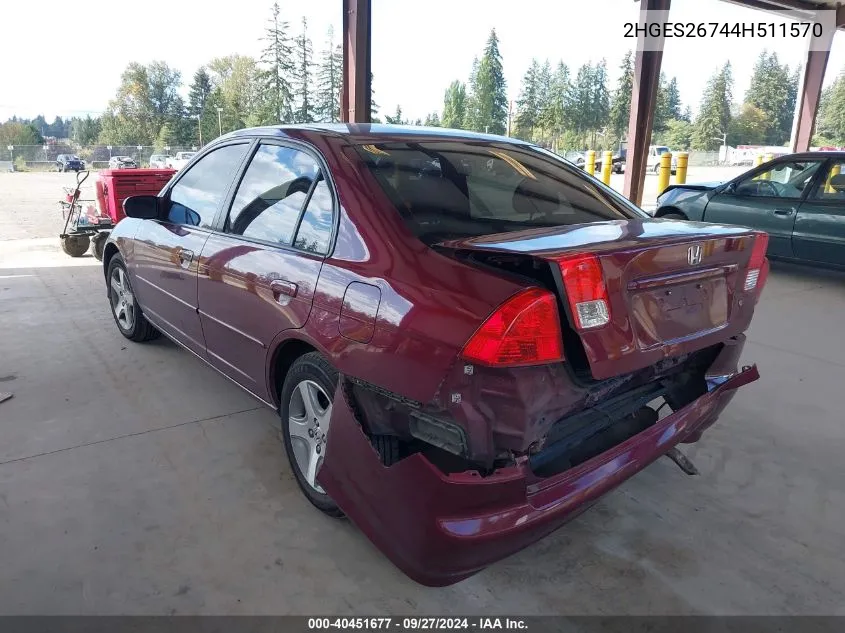 2004 Honda Civic Ex VIN: 2HGES26744H511570 Lot: 40451677