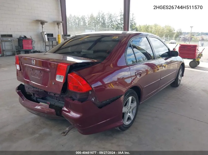 2004 Honda Civic Ex VIN: 2HGES26744H511570 Lot: 40451677