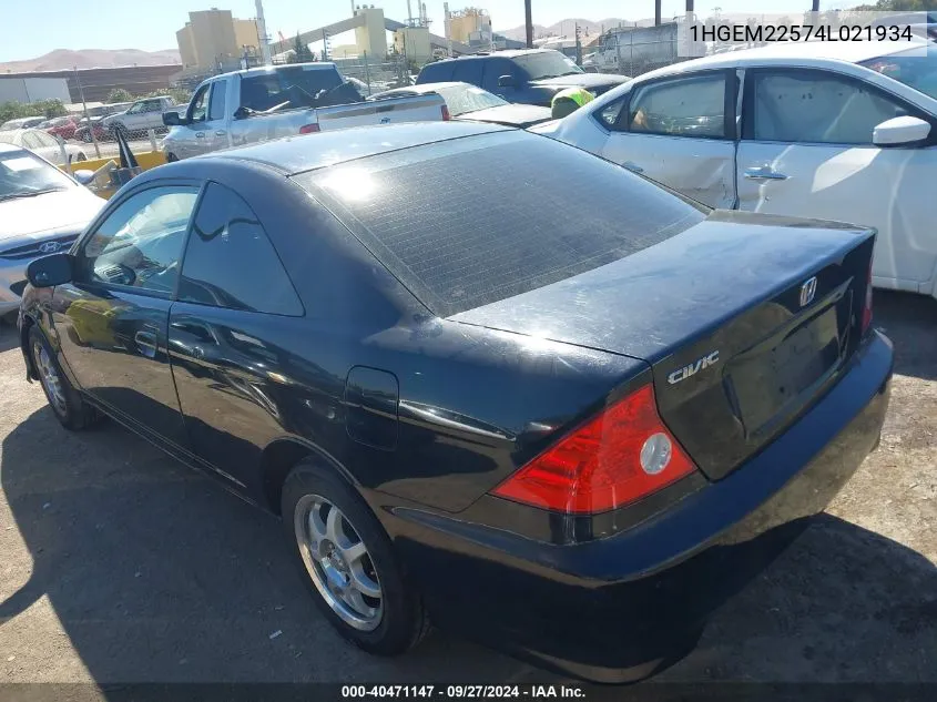 2004 Honda Civic Lx VIN: 1HGEM22574L021934 Lot: 40471147