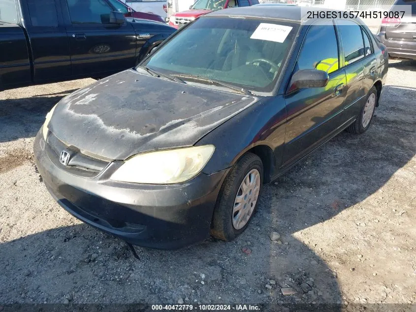 2004 Honda Civic Lx VIN: 2HGES16574H519087 Lot: 40472779