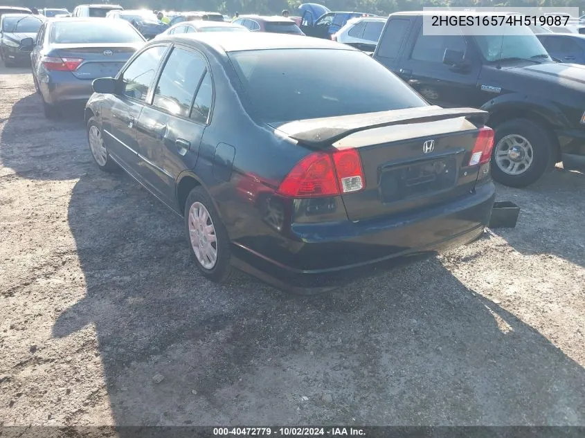 2004 Honda Civic Lx VIN: 2HGES16574H519087 Lot: 40472779