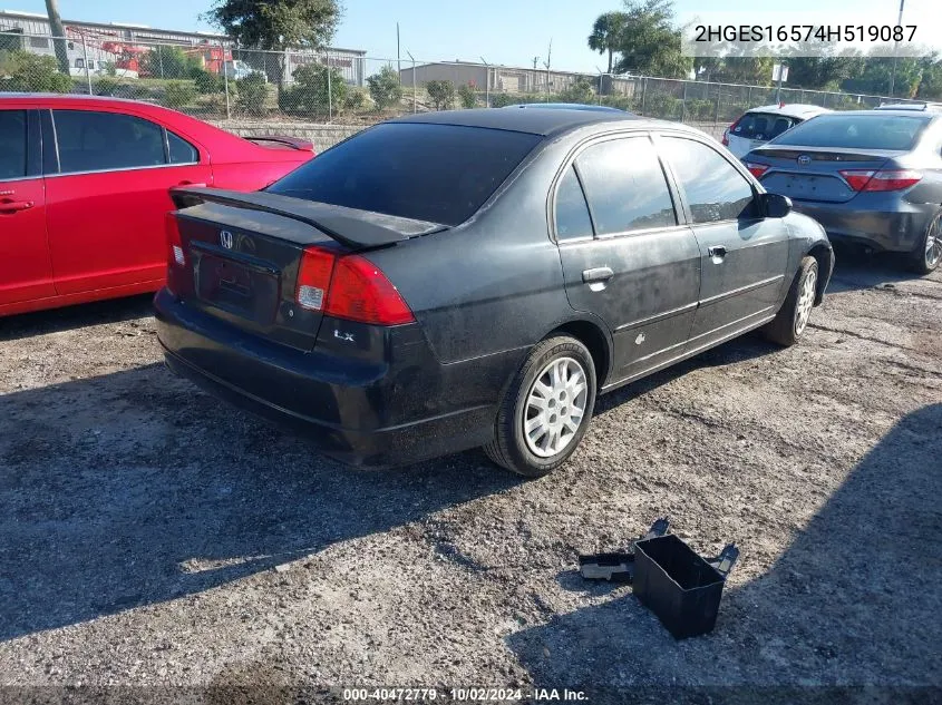 2004 Honda Civic Lx VIN: 2HGES16574H519087 Lot: 40472779