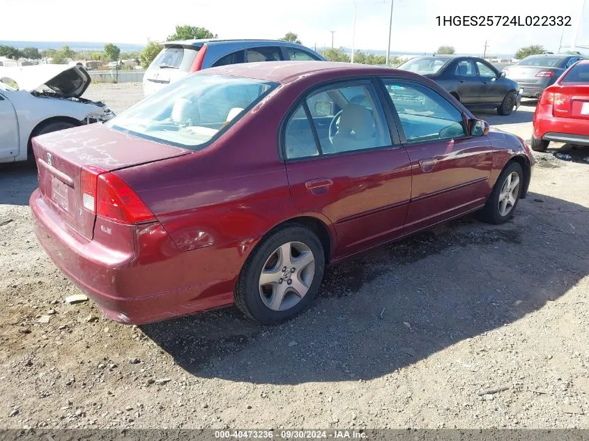 2004 Honda Civic Ex VIN: 1HGES25724L022332 Lot: 40473236