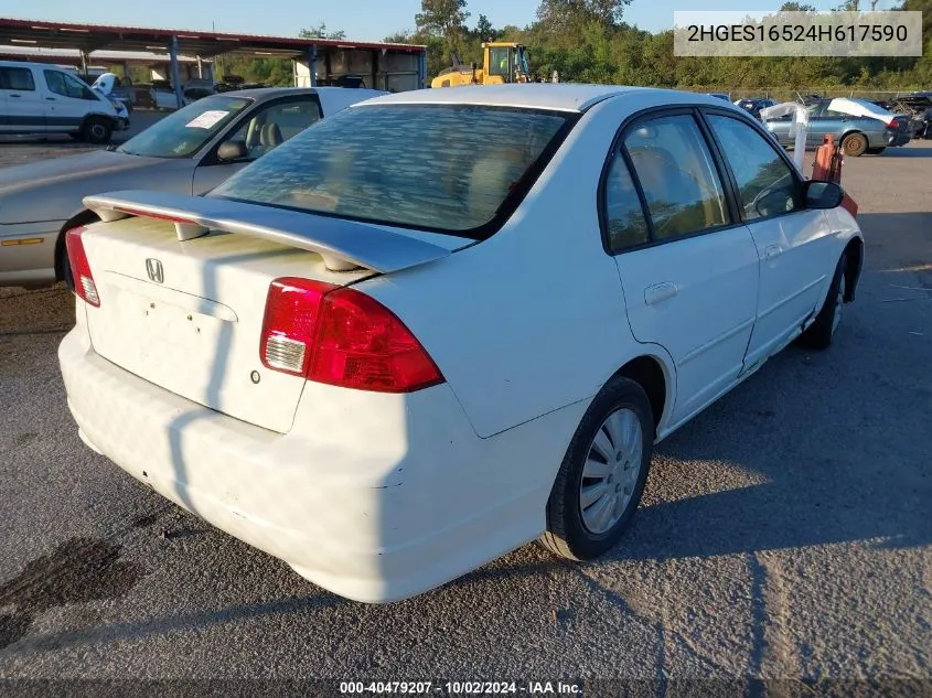 2004 Honda Civic Lx VIN: 2HGES16524H617590 Lot: 40479207