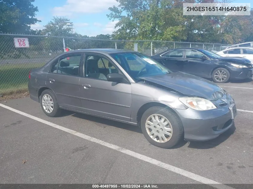 2004 Honda Civic Lx VIN: 2HGES16514H640875 Lot: 40497955