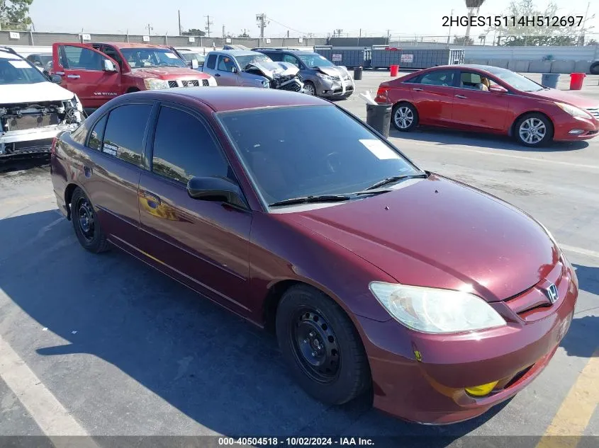 2004 Honda Civic Dx VIN: 2HGES15114H512697 Lot: 40504518