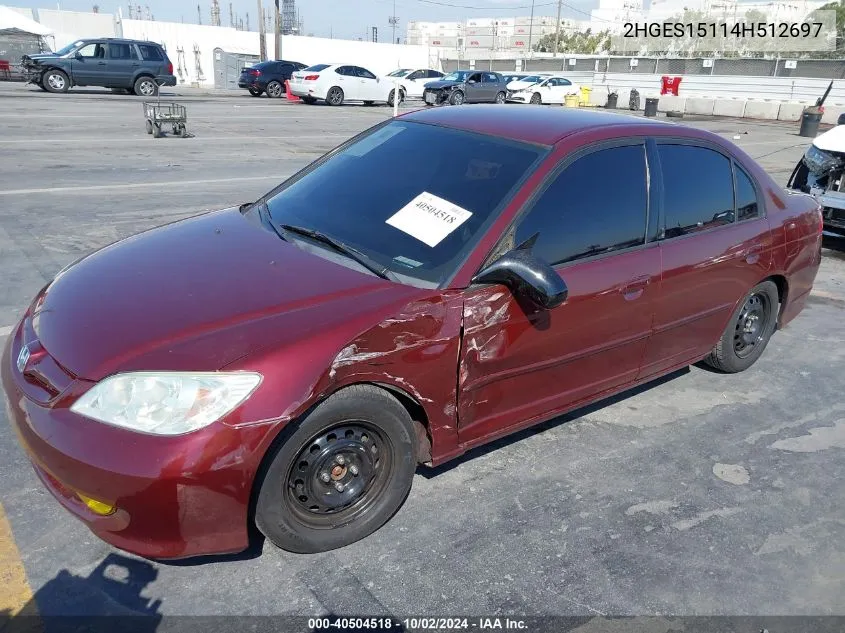 2004 Honda Civic Dx VIN: 2HGES15114H512697 Lot: 40504518