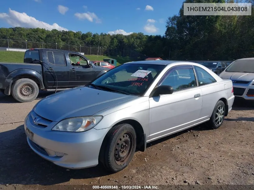 2004 Honda Civic Lx VIN: 1HGEM21504L043808 Lot: 40509348