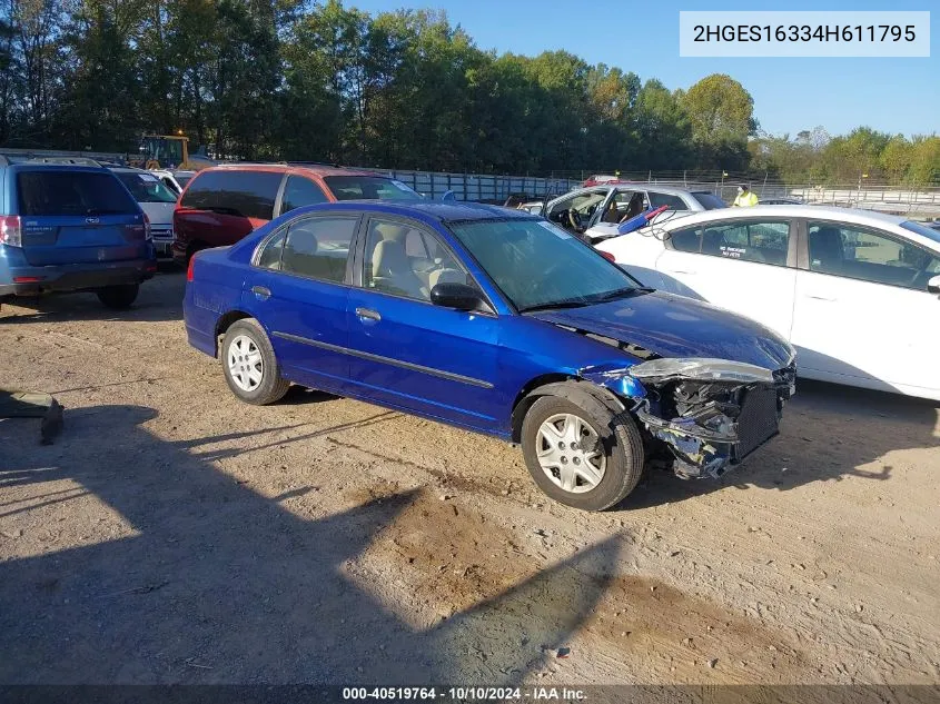 2004 Honda Civic Vp VIN: 2HGES16334H611795 Lot: 40519764