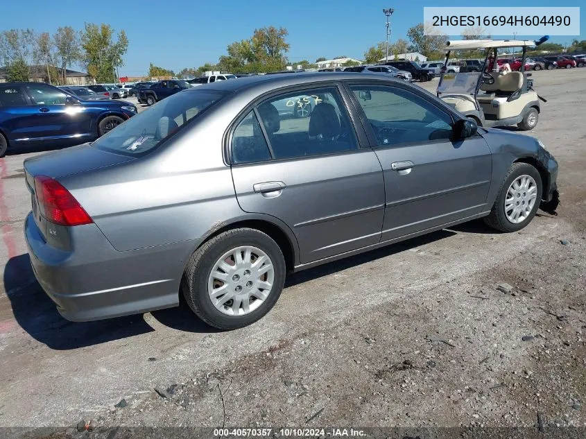 2004 Honda Civic Lx VIN: 2HGES16694H604490 Lot: 40570357