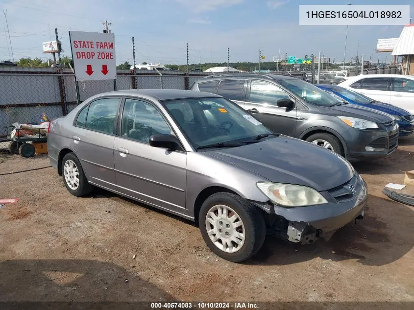 2004 Honda Civic Lx VIN: 1HGES16504L018982 Lot: 40574083