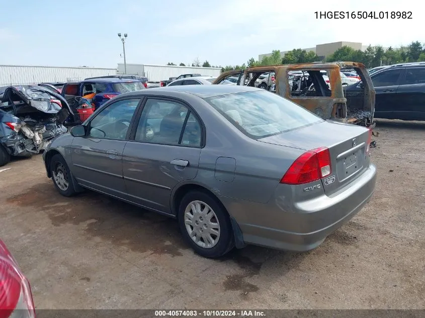 2004 Honda Civic Lx VIN: 1HGES16504L018982 Lot: 40574083