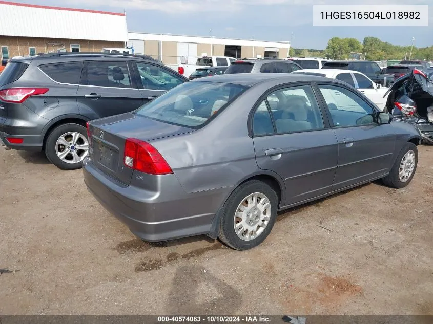 2004 Honda Civic Lx VIN: 1HGES16504L018982 Lot: 40574083