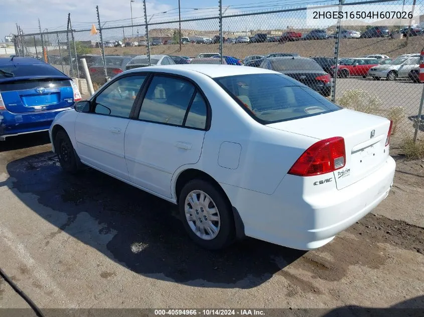 2004 Honda Civic Lx VIN: 2HGES16504H607026 Lot: 40594966