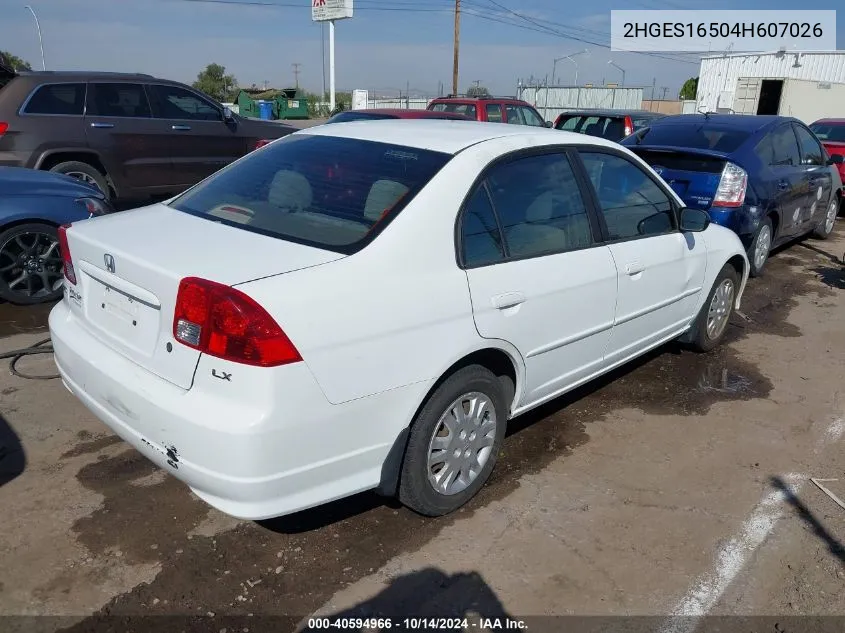 2004 Honda Civic Lx VIN: 2HGES16504H607026 Lot: 40594966