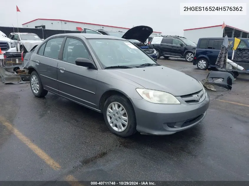 2004 Honda Civic Lx VIN: 2HGES16524H576362 Lot: 40711748