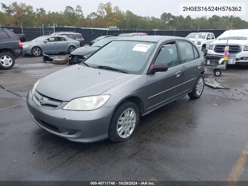 2004 Honda Civic Lx VIN: 2HGES16524H576362 Lot: 40711748