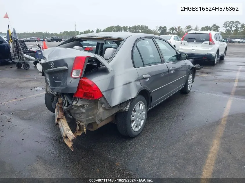 2004 Honda Civic Lx VIN: 2HGES16524H576362 Lot: 40711748