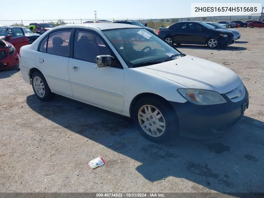 2004 Honda Civic Lx VIN: 2HGES16574H515685 Lot: 40734522