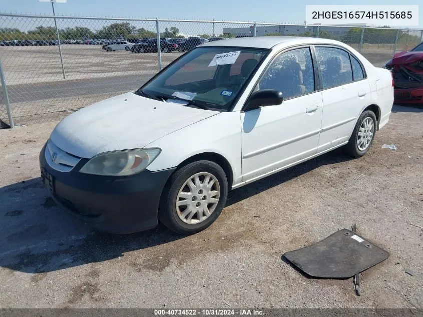 2004 Honda Civic Lx VIN: 2HGES16574H515685 Lot: 40734522