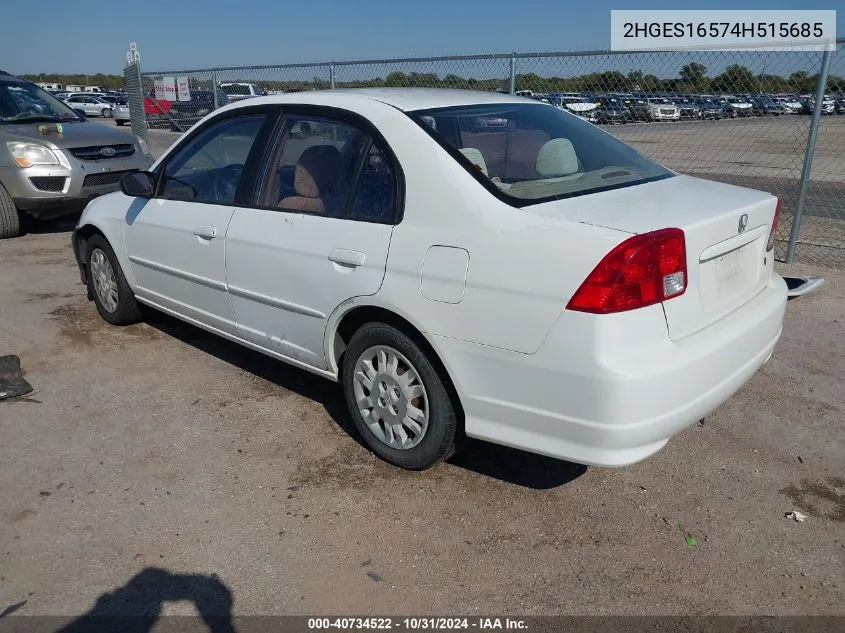 2004 Honda Civic Lx VIN: 2HGES16574H515685 Lot: 40734522