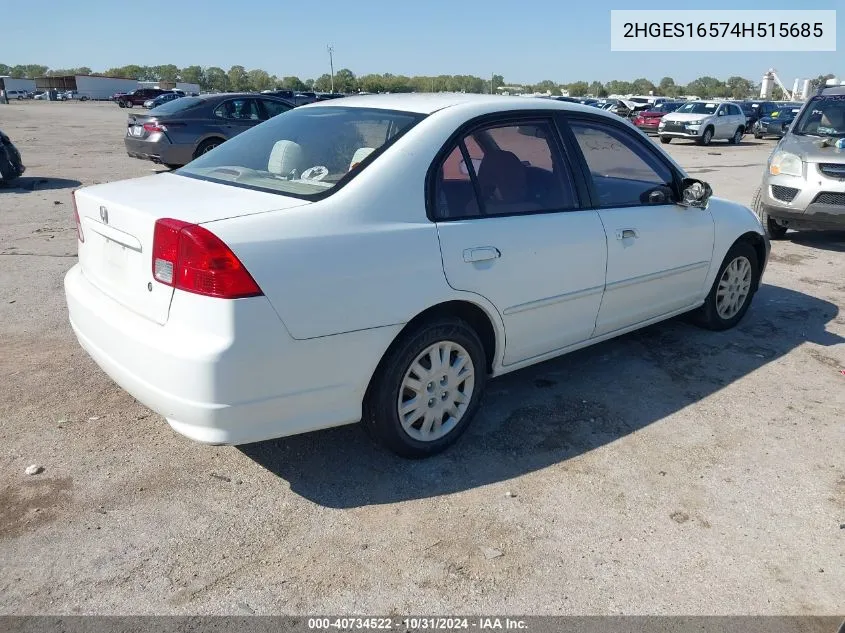 2004 Honda Civic Lx VIN: 2HGES16574H515685 Lot: 40734522