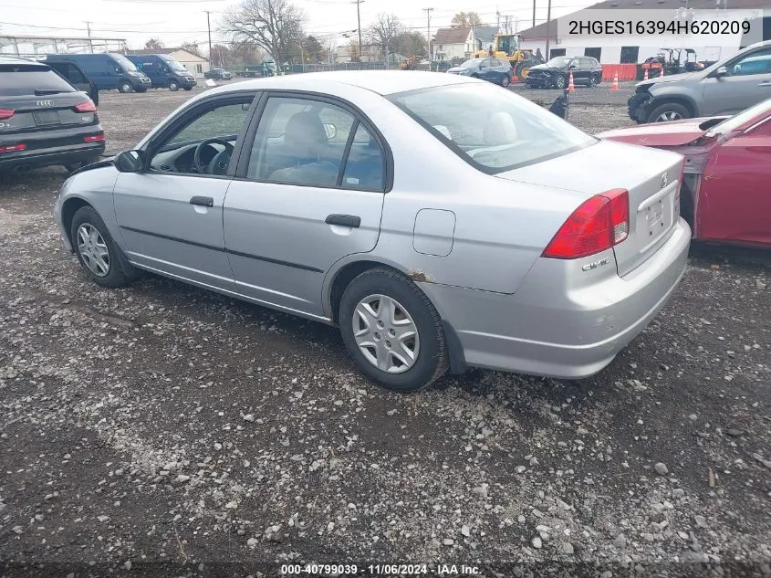 2004 Honda Civic Vp VIN: 2HGES16394H620209 Lot: 40799039