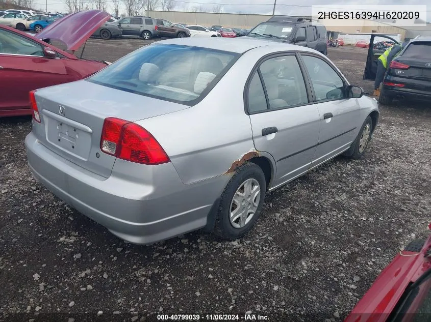 2004 Honda Civic Vp VIN: 2HGES16394H620209 Lot: 40799039