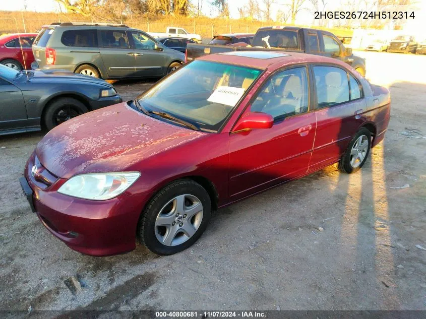 2004 Honda Civic Ex VIN: 2HGES26724H512314 Lot: 40800681